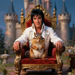 highly detailed, a chipmunk that looks like elvis, sitting on his throne in his castle, atmospheric lighting, nice composition, art inspired by thomas kinkade,