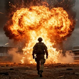 soldier walking away with a massive fiery explosion behind him, cinematic lighting, hdr, gritty in the style of the movie lone survivor