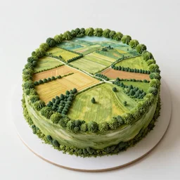 a cake designed to look like an aerial view of a landscape with fields and woods