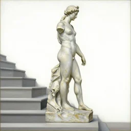 impressionist painting of a statue of s a broken block of marble walking up the stairs, side view, white background