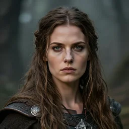 head and shoulders portrait of a barbarian, female, high fantasy, dnd