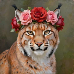 an oil painting of a lynx waring a crown of roses, high quality art,