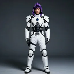 male ulzzang with white sci - fi tactical gear, black cybernetic enhancements, purple grystal hood, full shot fashion photography, by irving penn and storm thorgerson, ren heng