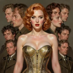 symmetrical!!!, looking at camera!!!, highly detailed upper body portrait christina hendricks wearing corset during ww 2, pinup, artdeco, glistering skin, oiled, intricate, elegant, highly detailed, centered, digital painting, artstation, concept art, smooth, sharp focus, illustration, artgerm, tomasz alen kopera, peter mohrbacher, donato giancola, joseph christian leyendecker, wlop, boris vallejo