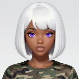 portrait of a black anime manga girl, french bob hair, white hair, wearing camo, purple eyes, by artgerm, james jean, tom bagshaw, gerald brom, vaporwave colors, lofi colors, vaporwave, lofi, goth vibe, 4 k, smooth, hd, substance designer render, full body character concept art, symmetrical, 2 point