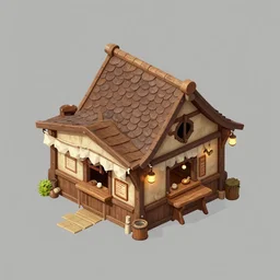 isometric view, detailed medieval tavern exterior, asset on grey background