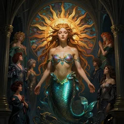 stunning, breathtaking, awe-inspiring award-winning realistic concept art face portrait of mermaid Ashley Liao as a goddess of the sun, by Alphonse Mucha, Ayami Kojima, Amano, Charlie Bowater, Karol Bak, Greg Hildebrandt, Jean Delville, and Mark Brooks, Art Nouveau, Neo-Gothic, gothic, rich deep colors, cyberpunk, extremely moody lighting, glowing light and shadow, atmospheric, shadowy, cinematic, 8K