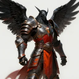 crow warrior in heavy armor. black wings. red and orange clothes. digital painting, hd, highly detailed.