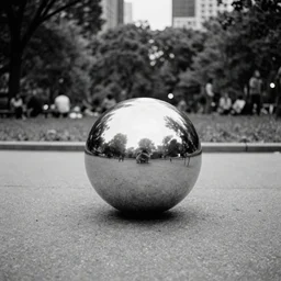3 5 mm photo of a chrome blob in a city park, photography b & w grainy exposed film