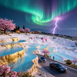 luxurios advanced cyberpunk plaza with high tech cars driveway along pamukkale thermal waters flowing down gold travertine terraces in royal blue antelope canyon during sakura season on an interstellar aurora borealis with heavy thunder and lightning, pink waterfalls, flowers, by peter mohrbacher, james jean, james gilleard, greg rutkowski, vincent di fate, rule of thirds, octane render, beautiful landscape