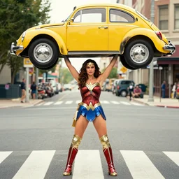 gal gadot's wonder woman deadlifting a yellow volkswagen beetle over head, while standing in the middle of an intersection