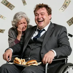close up portrait of scruffy sweating laughing fat man wearing a expensive suit sits in a mobility chair while a skinny old lady is crying with cold, over piles half eaten rotting fast food, money thrown and floats in the air, hyper realistic photo, full colour, upscale, 8 k, masterpiece,