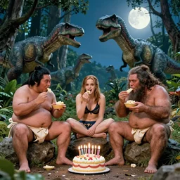photo, three hairy neanderthal people, sumo japanese, eating outside, surrounded by dinosaurs!, gigantic forest trees, sitting on rocks, bright moon, birthday cake on the ground, front view, emma! watson! is among them in bikini