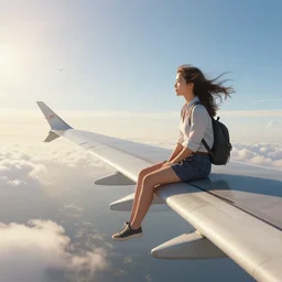 photorealistic very wide shot of a girl sitting on the wing of a flying passenger airplane, side view, very windy, sunny morning light, distant birds, hdr, volumetric lighting, intricate details, detailed digital artstation concept by noriyoshi ohrai and magali villeneuve and krenz cushart, unreal engine, octane render