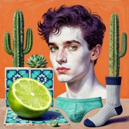 Collage art, Young Spanish man, Art by Joshua Middleton, socks, Rene Magritte, underpants,turquoise Morrocan tiles, half a giant lime, cactus, succulent plants Chalk white skin, deep purple hair, Green eyes, Orange background, Mucha, symbolism, Portrait of the man, surreal collage art