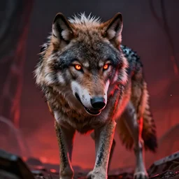 Wolf in hell, vivid colors, sharp focus, digital art, Unreal Engine, Dramatic Lighting by Brom, trending on Artstation