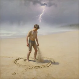 a full shot of a little man made of sand, standing on a beach, slowly melting into sand, fog, early morning lightning, subtle, intricate details, real masterpiece, oil on canvas, by franz kafka