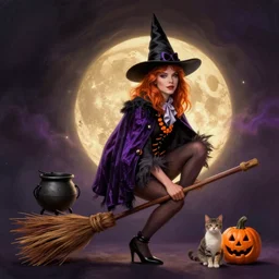 witch on a broom with a cauldron and a cat. happy halloween