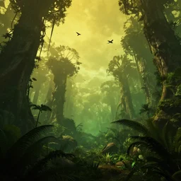 an alien forest, yellow and green sky, birds in flight, humid alien jungle, atmospheric, unreal engine, trending on artstation