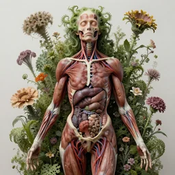 beautiful and detailed rotten woman corpse with fractal plants and many different types of flowers growing around, muscles, veins, arteries, intricate, organs, ornate, surreal, john constable, guy denning, dan hillier