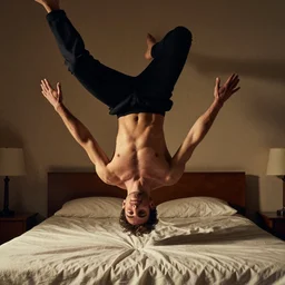 a man doing a somersault on the bed