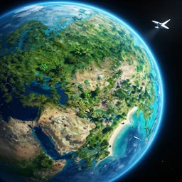paradise world planet view from space, lush jungles, white beaches, a few shuttles coming to a planet, sci fi, space, vibrant colors, stylized