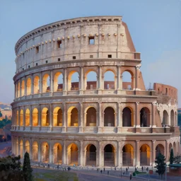 exterior view of modern futuristic roman colosseum architecture, view overlooking the city, detailed luminescent oil painting 4 k