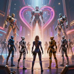 love, diverse reactor cybersuits, from behind, power rituals, wide wide angle, vivid, elaborate, highly detailed, beautiful lighting