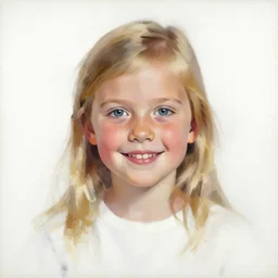 portrait painting of woman from scandinavia, 2 years old, blonde hair, daz, occlusion, smiling and looking directly, brushstrokes, white background, art by enki bilal