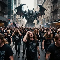 city of hell, heavy metal rock city of hell, people in the city headbanging and marching like they do in a moshpit, realistic, hdr, clear image, hdd, dynamic lighting, rtx on,