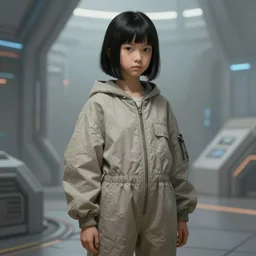 scifi art by greg rutkowsky, a very tall and slim girl, she is about 2 0 years old, mixture between russian and japanese, pretty, black bob hair with two strands around her face, wearing a oversized jumper jumpsuit, scifi environment, highly detailed portrait, digital painting, artstation, concept art, smooth, sharp foccus ilustration, artstation hq