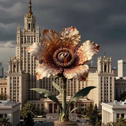 colossal Beelzebub flower in the middle of post soviet constructivist cityscape, Stalinist architecture, brutalist architecture, ultradetailed, Intricate by MC Esher and Wes Anderson and H.R. Giger
