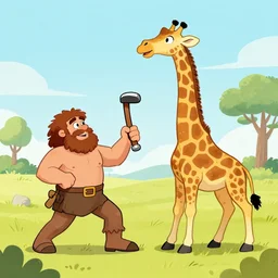 a neanderthal clubbing a giraffe, funny drawing, cartoon
