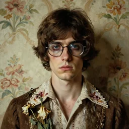 a beautiful and eerie baroque painting of a beautiful but serious young man, with haunted eyes and glasses, 1 9 7 0 s, seventies, floral wallpaper, wilted flowers, morning light showing injuries, delicate ex embellishments, painterly, offset printing technique