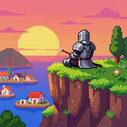 a knight rests on a cliff above a cozy and cute seaside village at sunset, dramatic lighting, vivid color, snes screenshot, pixels, trending on artstation