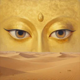 a surreal painting of giant buddahs eyes floating in the desert in gold color palette