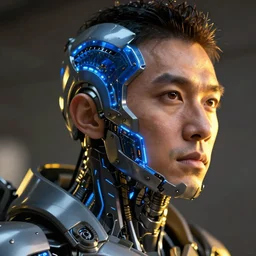 hyperrealistic close-up blue glow exoskeleton!! chinese man covered highly detailed concept art eric zener elson peter cinematic side hard yellow light low angle hd 8k sharp shallow depth of field
