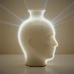 realistic photo of a a blurred vase helmet head, side view, empty soft glowing space, emitting laser ray made of electric fur blurry aura radiation 1 9 6 0, life magazine photo, natural colors, metropolitan museum, kodak, 8 k, very detailed, high resolution, product photo,