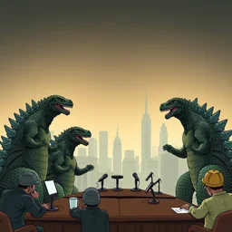 monsters from the godzilla series give a press conference to apologize for destroying cities.