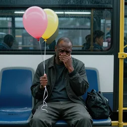 a sad boy waiting for the bus holding a balloon and bill cosby is crying, professional lighting, high detail, 4 k, raining, detailed