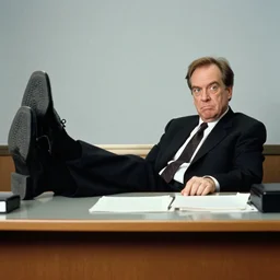 2 0 0 3 john lasseter in an office wearing a black suit and necktie and black shoes sitting at his desk. his legs are placed on top of the desk. he looks playfully stern.