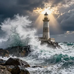 huge waves crashing over a lighthouse on huge jagged rocks with huge, very huge waves, scenic full shot, stormy sky, god rays, alphonse mucha, aubrey beardsly, mad john martin