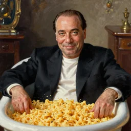 portrait of silvio berlusconi sitting in a bathtub full of mac and cheese, an oil painting by bob ross and thomas kincade