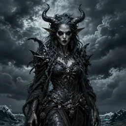 a portrait of a creepy grotesque sea witch with dark turbulent skies, photorealistic, highly detailed, d & d, fantasy, highly detailed, digital painting, trending on artstation, concept art, sharp focus, illustration, global illumination, shaded, art by artgerm and greg rutkowski and fuji choko and viktoria gavrilenko and hoang lap h 7 6 8