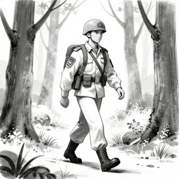 a soldier walking through the woods, concept art, sketch, black and white,