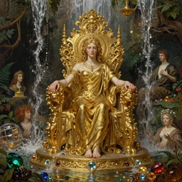 the throne of abudance, matte painting, gold waterfalls, treasures, gems, lush, riches | highly detailed oil painting, hyperrealistic, very intrincate | cinematic lighting, award - winning | by rachel ruysch, giger, beksinski and bocklin | by austin osman spare and william blake, trending on artstation, cgsociety, official art, octane.