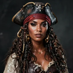 a female dark skinned space pirate digital art, hildebrand