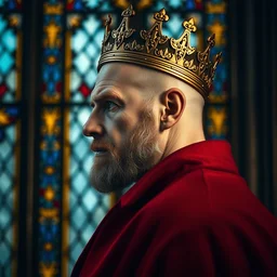 side - view portrait of a stern man, wears a simple golden crown, almost bald, stubble, red coat, gothic stained glass window, very masterful, royal, backlit