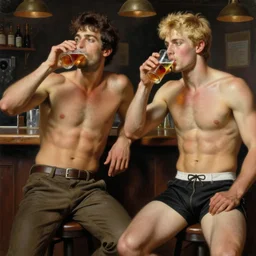 attractive muscular male with brunet hair and attractive muscular male with blond hair. pants and shorts, drinking their hearts out, in a pub. highly detailed and very defined painting by j. c. leyendecker, gaston bussiere, craig mullins 8 k