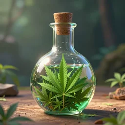 magic glass flask produces unlimited cannabis leaf, potent spell potion by pixar rendered in octane caustics subsurface scattering render 8 k